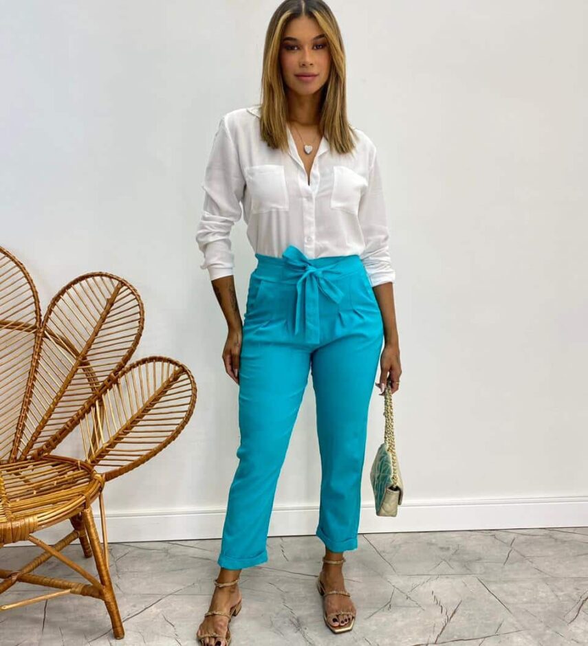 Calça Feminina Viscolinho com Amarração Azul - Fernanda Ramos Store