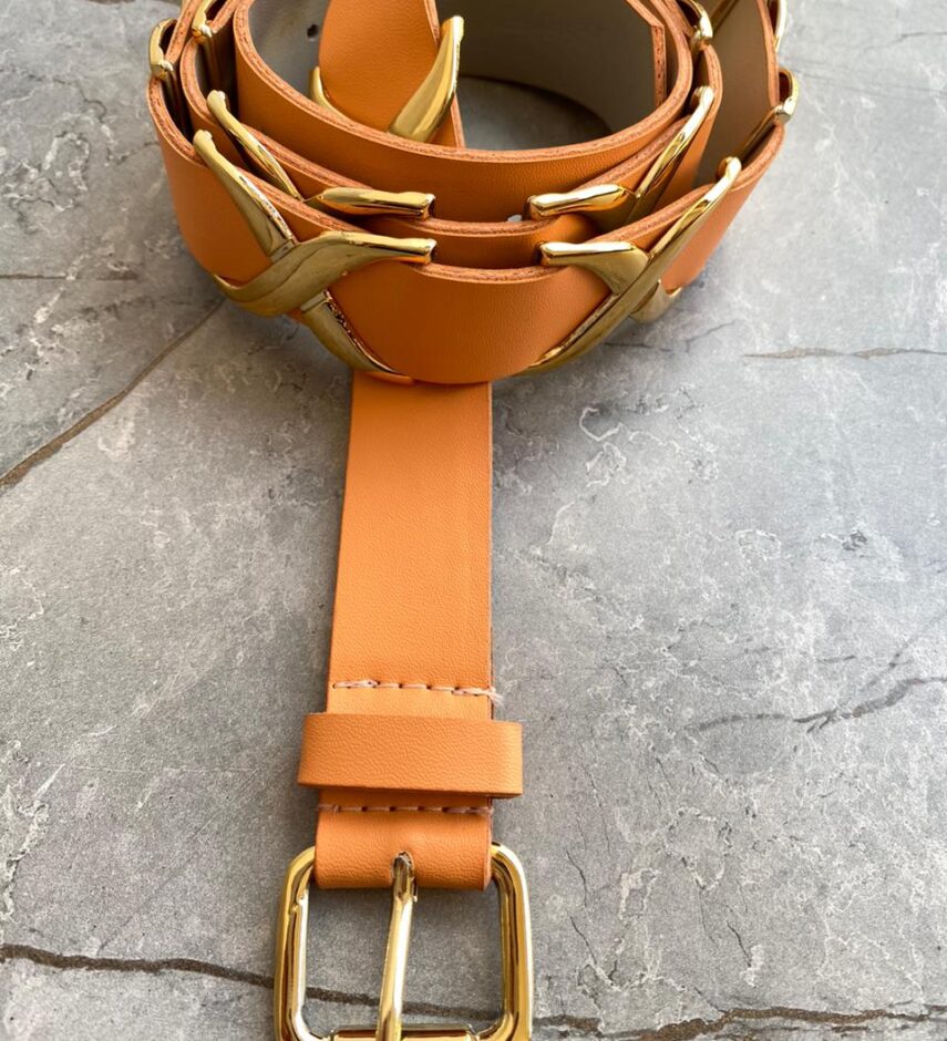 Cinto Feminino Camila Fivela e Detalhes Dourado Laranja - Fernanda Ramos Store