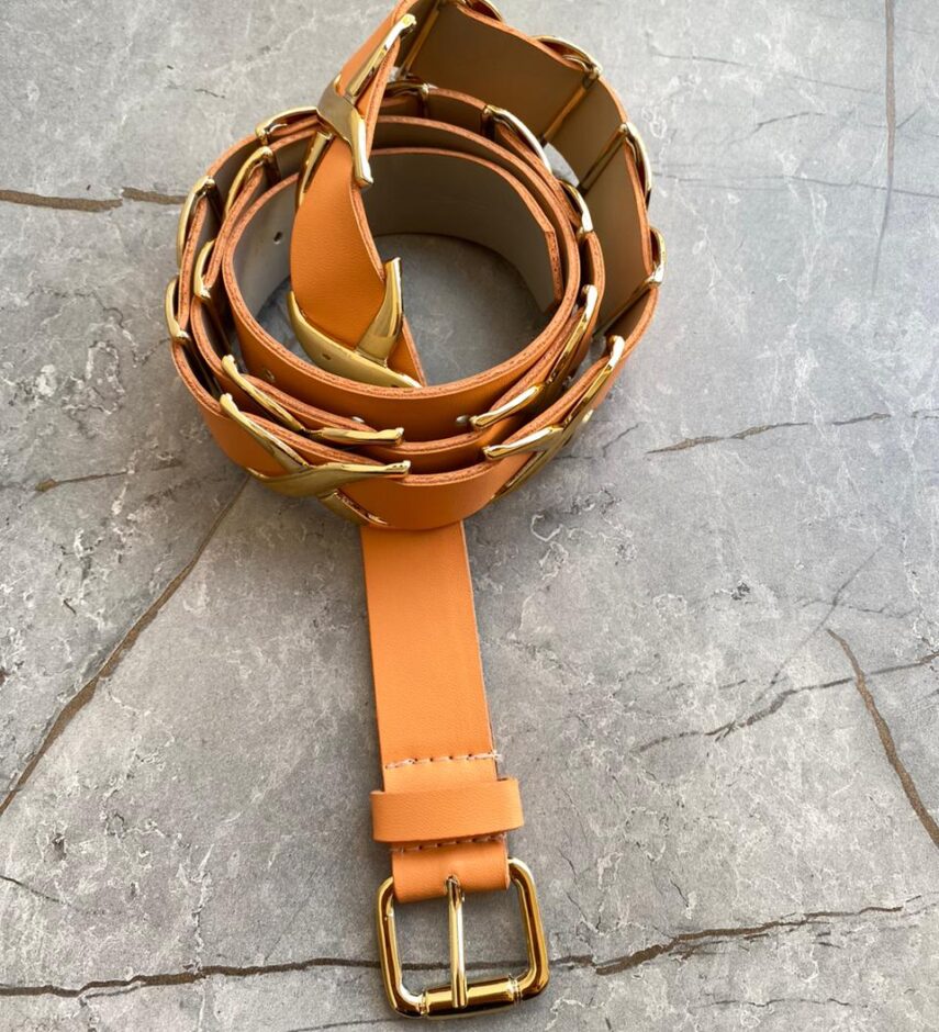 Cinto Feminino Camila Fivela e Detalhes Dourado Laranja - Fernanda Ramos Store