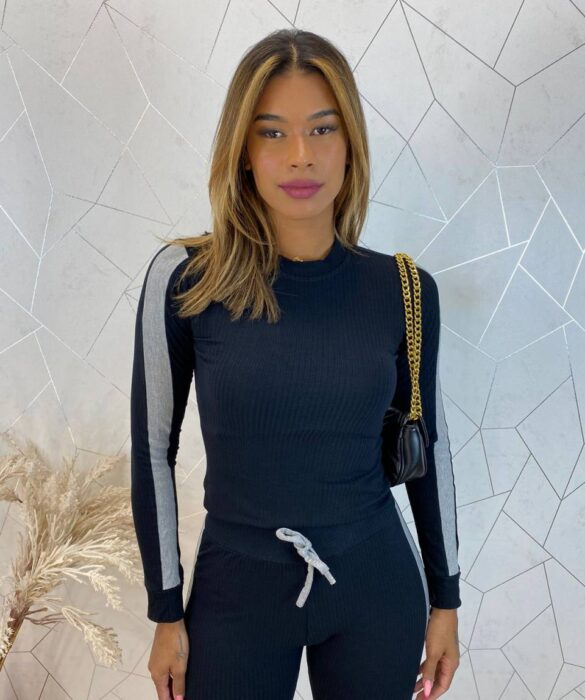 Conjunto Calça e Blusa Manga Longa Canelado Luiza Preto - Fernanda Ramos Store