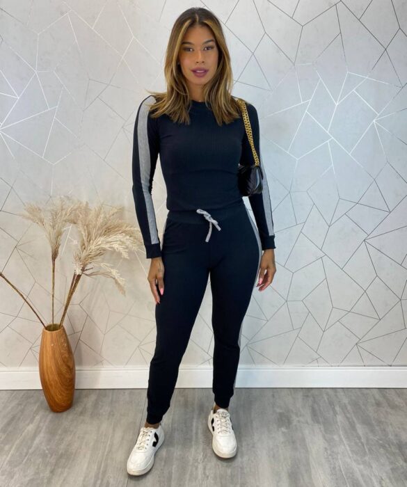 Conjunto Calça e Blusa Manga Longa Canelado Luiza Preto - Fernanda Ramos Store