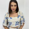 Conjunto Feminino Bordado Azul Viscolinho Cropped e Saia Longa Cru - Fernanda Ramos Store