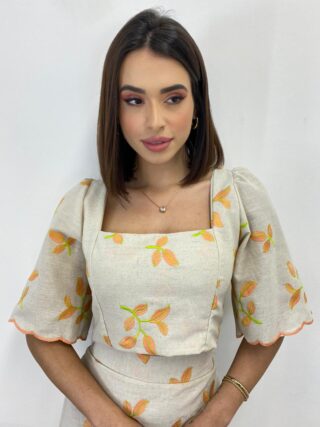 Conjunto Feminino Bordado Laranja Viscolinho Cropped e Saia Longa Cru - Fernanda Ramos Store