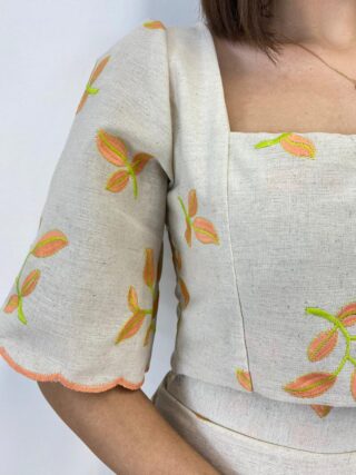 Conjunto Feminino Bordado Laranja Viscolinho Cropped e Saia Longa Cru - Fernanda Ramos Store