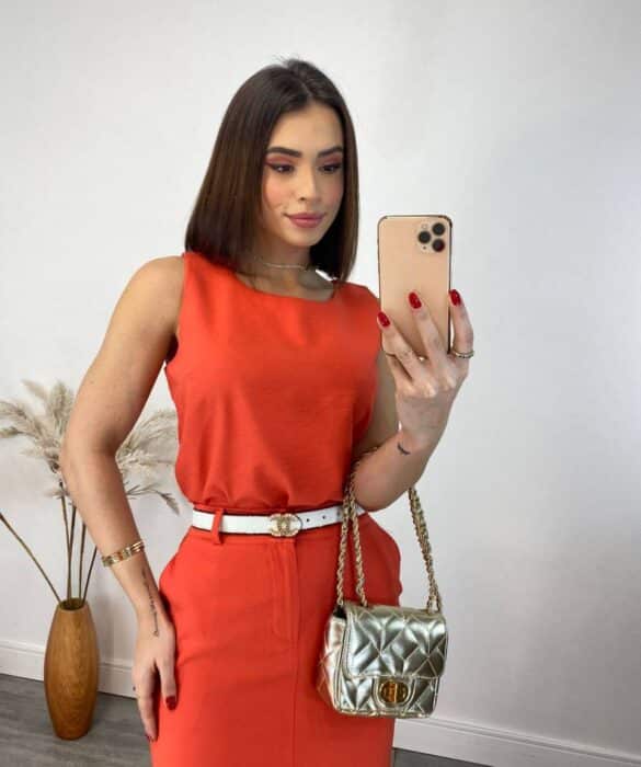 Conjunto Feminino Jade Regata e Saia Midi Coral - Fernanda Ramos Store