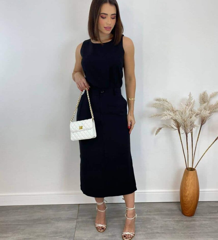 Conjunto Feminino Jade Regata e Saia Midi Preto - Fernanda Ramos Store