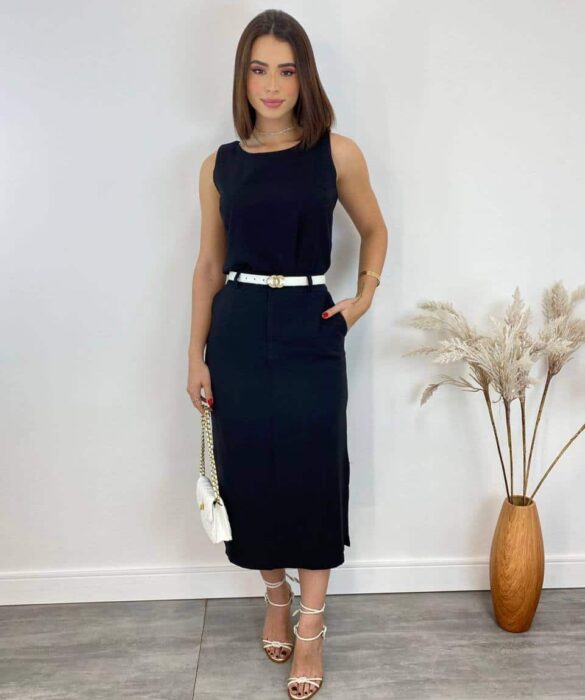 Conjunto Feminino Jade Regata e Saia Midi Preto - Fernanda Ramos Store