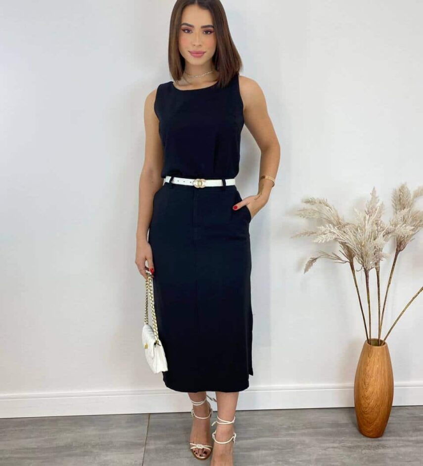 Conjunto Feminino Jade Regata e Saia Midi Preto - Fernanda Ramos Store