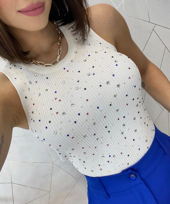 Cropped Alongado Modal com Aplicações Mari Branco - Fernanda Ramos Store