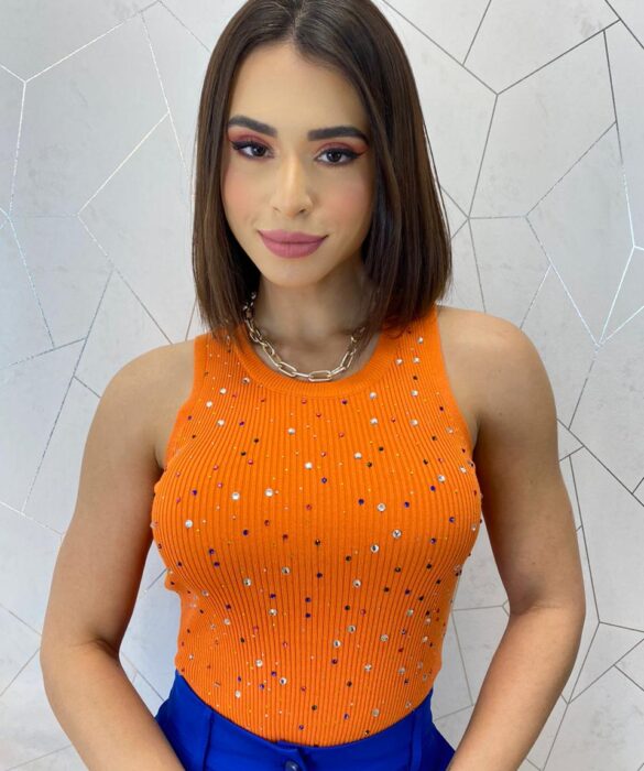 Cropped Alongado Modal com Aplicações Mari Laranja - Fernanda Ramos Store