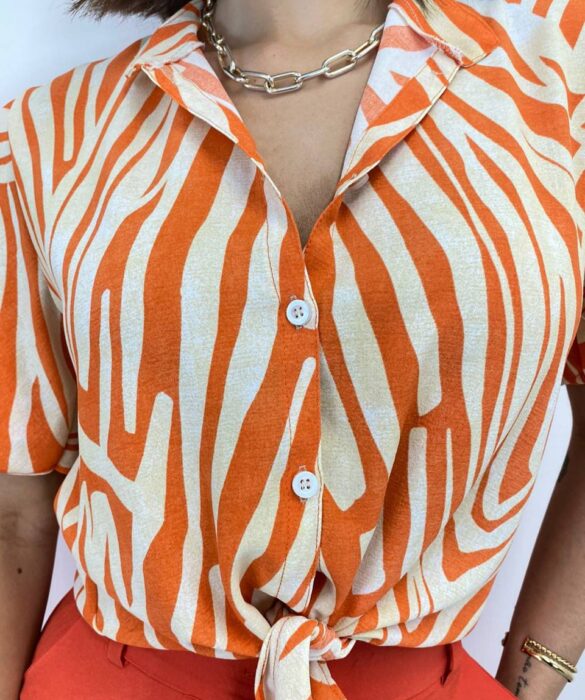 Cropped Feminino Alongado com Amarração Estampado Laranja - Fernanda Ramos Store