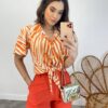 Cropped Feminino Alongado com Amarração Estampado Laranja - Fernanda Ramos Store