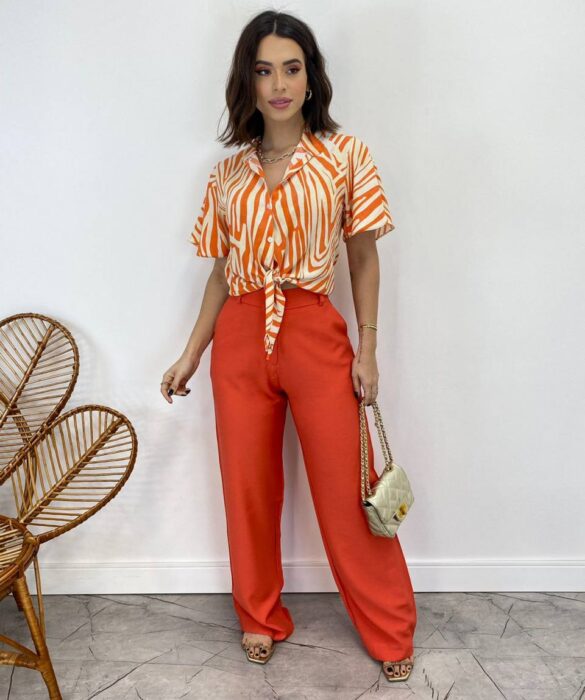 Cropped Feminino Alongado com Amarração Estampado Laranja - Fernanda Ramos Store