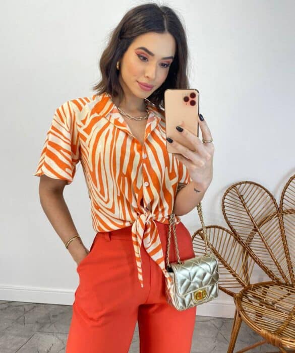 Cropped Feminino Alongado com Amarração Estampado Laranja - Fernanda Ramos Store