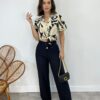 Cropped Feminino Alongado com Amarração Estampado Preto - Fernanda Ramos Store