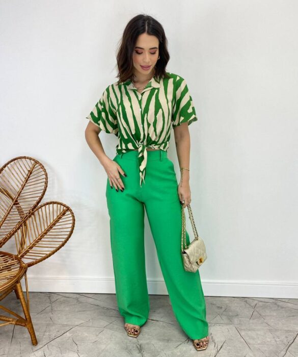 Cropped Feminino Alongado com Amarração Estampado Verde - Fernanda Ramos Store