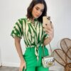 Cropped Feminino Alongado com Amarração Estampado Verde - Fernanda Ramos Store