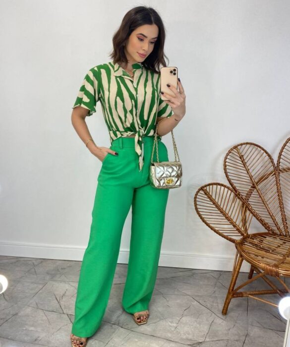 Cropped Feminino Alongado com Amarração Estampado Verde - Fernanda Ramos Store