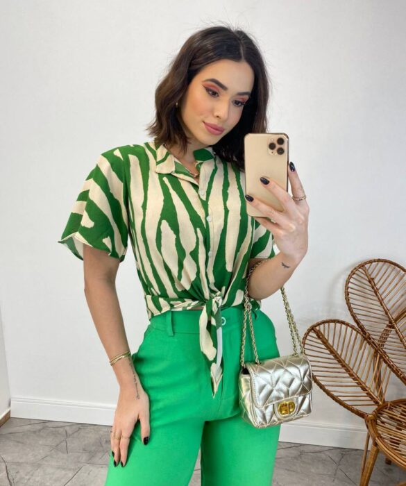 Cropped Feminino Alongado com Amarração Estampado Verde - Fernanda Ramos Store