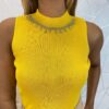 Cropped Feminino Canelado Ayla com Aplicações Amarelo - Fernanda Ramos Store