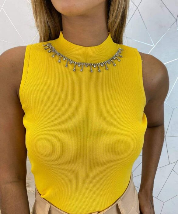 Cropped Feminino Canelado Ayla com Aplicações Amarelo - Fernanda Ramos Store