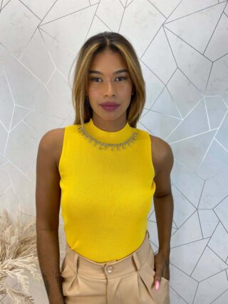 Cropped Feminino Canelado Ayla com Aplicações Amarelo - Fernanda Ramos Store