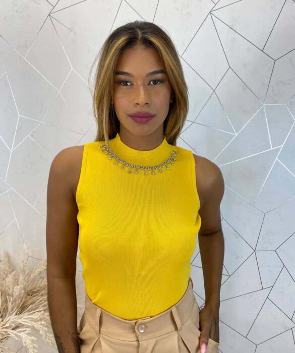 Cropped Feminino Canelado Ayla com Aplicações Amarelo - Fernanda Ramos Store