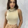 Cropped Feminino Canelado Ayla com Aplicações Cru - Fernanda Ramos Store