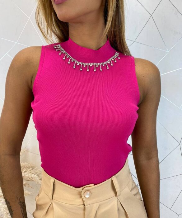 Cropped Feminino Canelado Ayla com Aplicações Pink - Fernanda Ramos Store