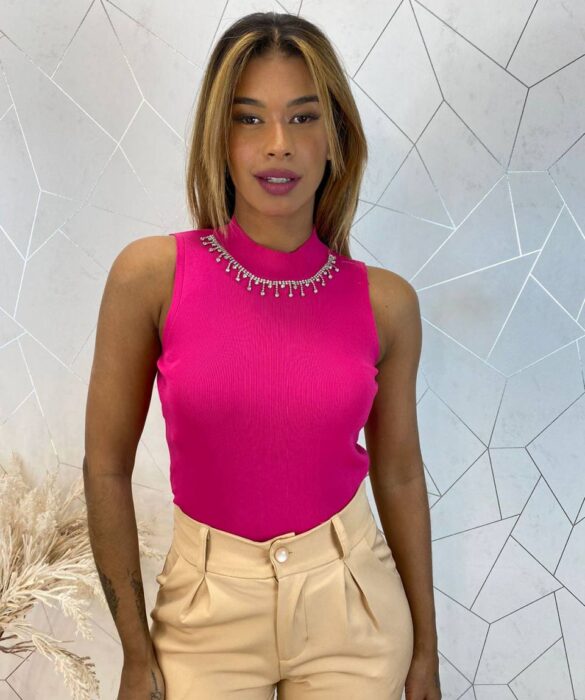 Cropped Feminino Canelado Ayla com Aplicações Pink - Fernanda Ramos Store