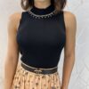 Cropped Feminino Canelado Ayla com Aplicações Preto - Fernanda Ramos Store