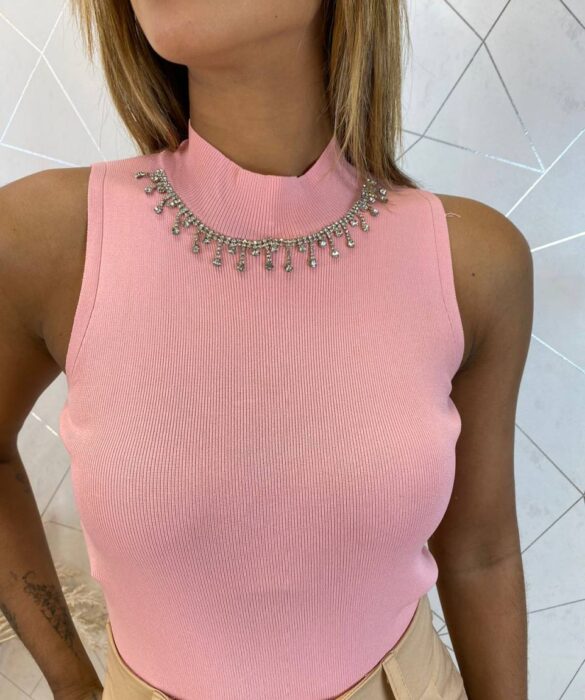 Cropped Feminino Canelado Ayla com Aplicações Rosa - Fernanda Ramos Store