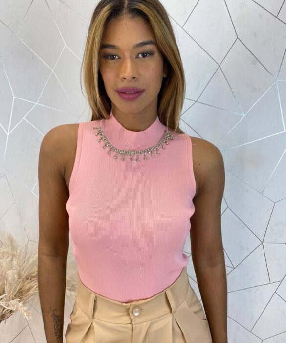 Cropped Feminino Canelado Ayla com Aplicações Rosa - Fernanda Ramos Store