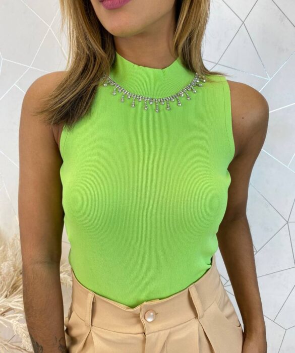 Cropped Feminino Canelado Ayla com Aplicações Verde - Fernanda Ramos Store