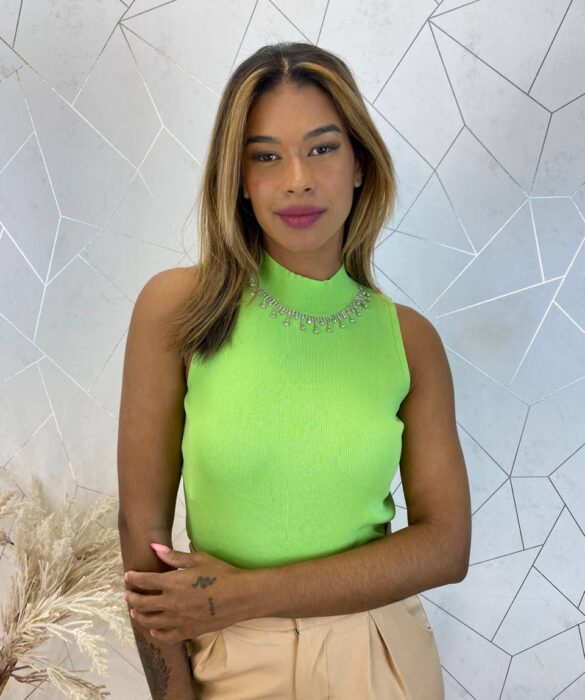 Cropped Feminino Canelado Ayla com Aplicações Verde - Fernanda Ramos Store