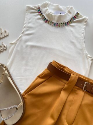 Cropped Feminino Canelado Detalhe em Aplicações Branco - Fernanda Ramos Store