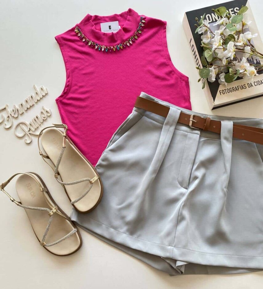 Cropped Feminino Canelado Detalhe em Aplicações Pink - Fernanda Ramos Store