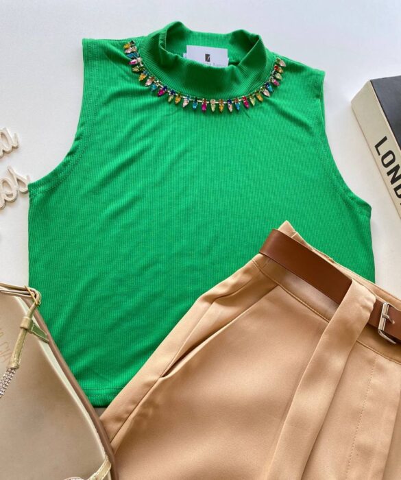 Cropped Feminino Canelado Detalhe em Aplicações Verde - Fernanda Ramos Store