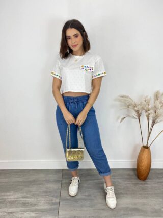 Cropped Feminino Eloá com Pedrarias e Aplicações Branco - Fernanda Ramos Store