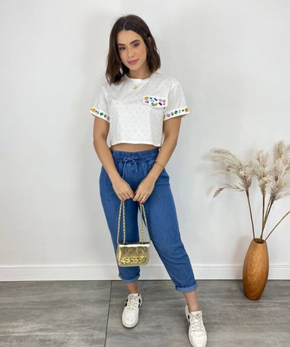 Cropped Feminino Eloá com Pedrarias e Aplicações Branco - Fernanda Ramos Store