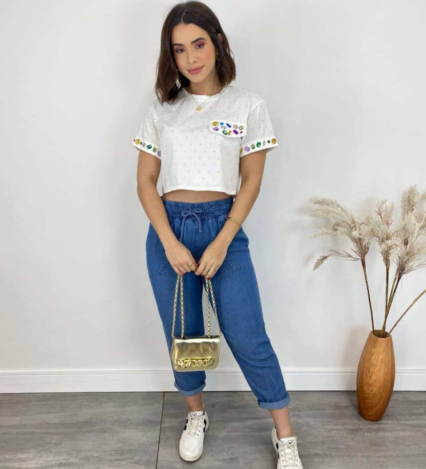 Cropped Feminino Eloá com Pedrarias e Aplicações Branco - Fernanda Ramos Store