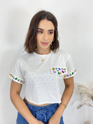 Cropped Feminino Eloá com Pedrarias e Aplicações Branco - Fernanda Ramos Store