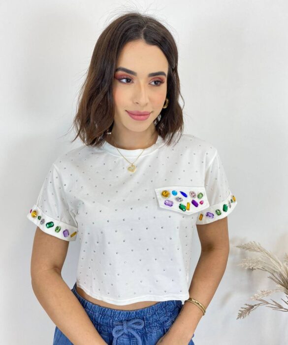 Cropped Feminino Eloá com Pedrarias e Aplicações Branco - Fernanda Ramos Store