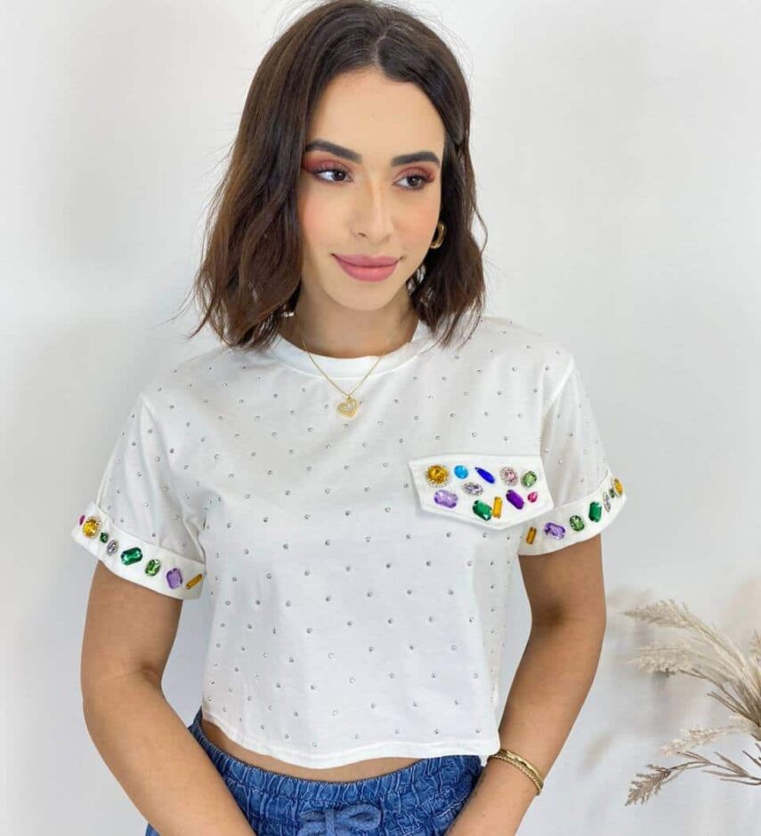 Cropped Feminino Eloá com Pedrarias e Aplicações Branco - Fernanda Ramos Store