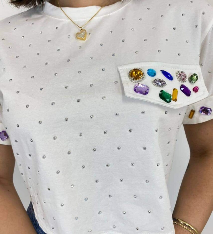 Cropped Feminino Eloá com Pedrarias e Aplicações Branco - Fernanda Ramos Store