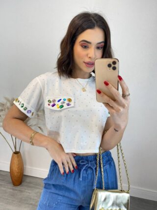 Cropped Feminino Eloá com Pedrarias e Aplicações Branco - Fernanda Ramos Store