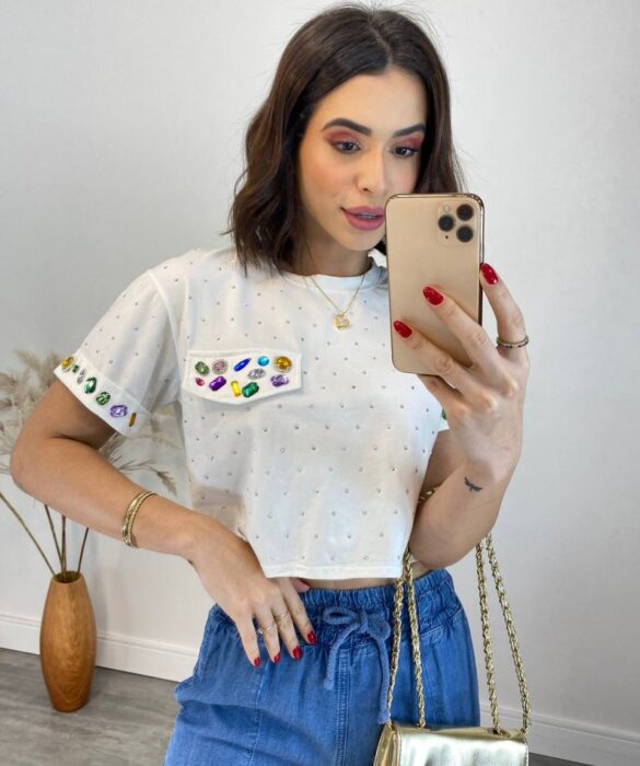 Cropped Feminino Eloá com Pedrarias e Aplicações Branco - Fernanda Ramos Store