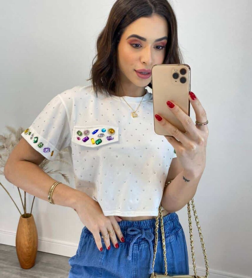 Cropped Feminino Eloá com Pedrarias e Aplicações Branco - Fernanda Ramos Store