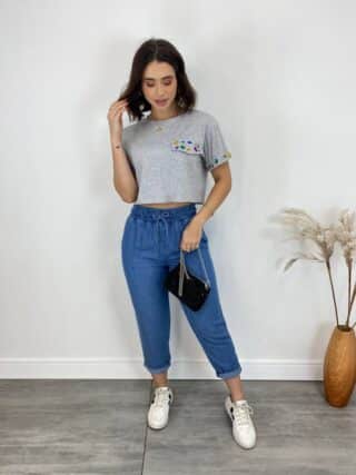 Cropped Feminino Eloá com Pedrarias e Aplicações Cinza - Fernanda Ramos Store