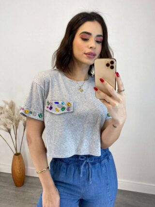 Cropped Feminino Eloá com Pedrarias e Aplicações Cinza - Fernanda Ramos Store